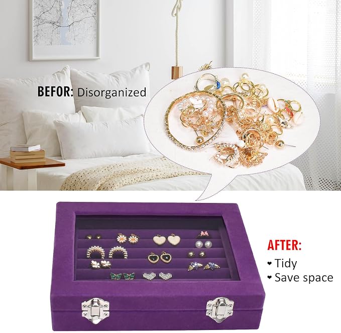 Vicoter Rings Organizer Tray 7 Slots Velvet Jewelry Earring Storage Box with Transparent lid Jewelry Display Case for Girls Wife Mom Women (Purple) - Image 5
