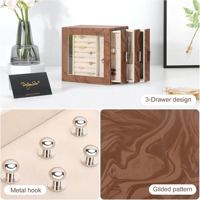 DesignSter Jewelry Box Organizer, Jewelry Box for Women, PU Jewelry Organizer Display Case with Side Drawers, Jewelry Storage for Earring Necklace Ring Bracelet Watch - Image 6