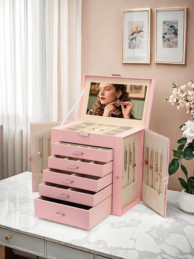 BOOVO Jewelry Box For women, 6 Layer Large Jewelry Organizer With Mirror, Multi-Function Storage Box With Lock, Necklace Holder With 5 Drawers, For Earrings Necklace Bracelet (Silver and Pink) - Image 7