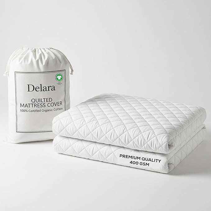 Delara 100% Organic Cotton Quilted Mattress Protector, GOTS Certified, Ultra-Soft Cooling & Breathable, 400 GSM Plush Padding, Deep Pocket 18 Inches, Machine Washable (Twin 39"x75")