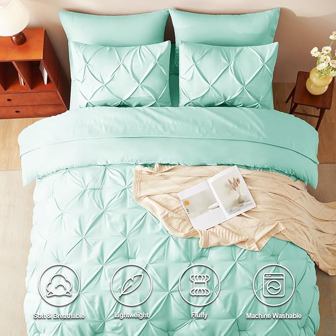 CozyLux King Size Comforter Set Mint Green, 7 Pieces Pintuck Bed in A Bag Green Comforter King Size, Pinch Pleat Bedding Set with All Season Comforter, Flat Sheet, Fitted Sheet, Pillowcases & Shams