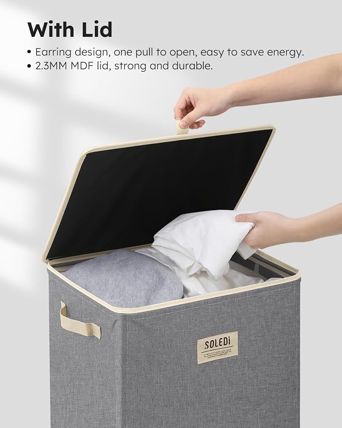 SOLEDI Laundry Hamper with Lid 100L Large & Tall Collapsible Laundry Basket, Clothes Hamper with Bag Removable Easy to Carry, Dirty Hampers for Bedroom, Bathroom, Dorm, College, Light Grey - Image 5