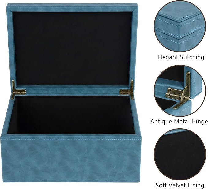 HofferRuffer Faux Leather Decorative Box, Large Wooden Structure Keepsake Box Accessory Organizer Jewelry Organizer with Hinged Lid, Storage Container for Home or Office (Blue) - Image 3