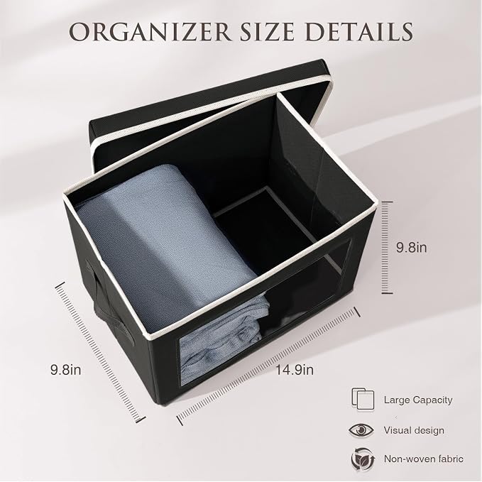Homsorout Stackable Storage Bins with Lids - Medium Storage Box with Lids, Foldable Closet Boxes for Organizing, Wardrobe Clothes Organizer with Window, Cubes Bins for Living Room, 5 Pack, Black - Image 6