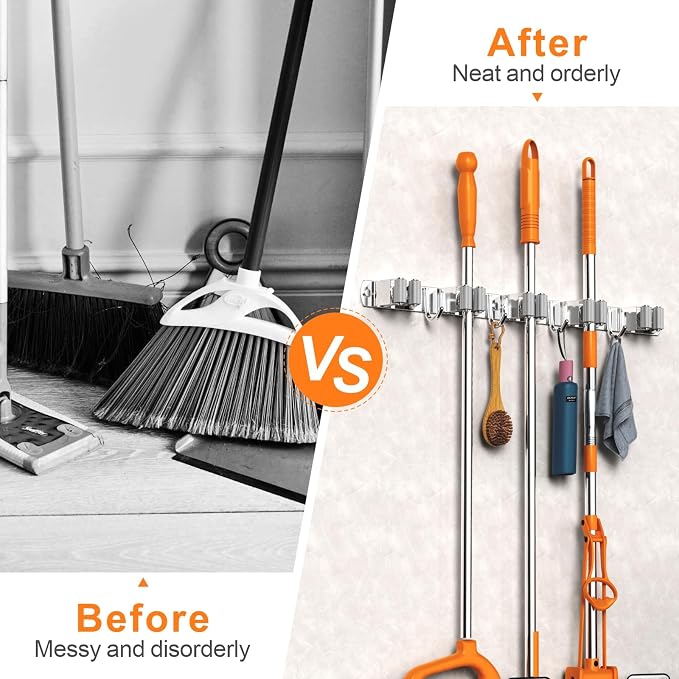 CUXIXA 2 Pack Mop and Broom Holder Wall Mount, Non-slip Broom Hanger Wall Mount, Heavy Duty Mop Broom Organizer for Kitchen Garden Garage Laundry Room Wall Decor Organization and Storage Silver 5R4H - Image 2