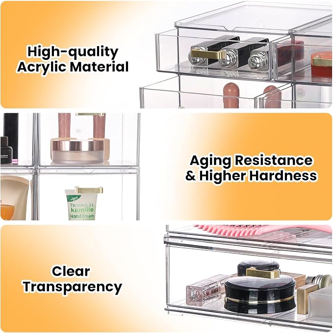 LALOBLUE Stackable Storage Drawers, 6 Pack Clear Acrylic Organizer Bins with Golden Handles, Multi-Size Plastic Drawers for Makeup, Vanity, Kitchen, Bathroom, Office, Pantry Organization and Storage - Image 6