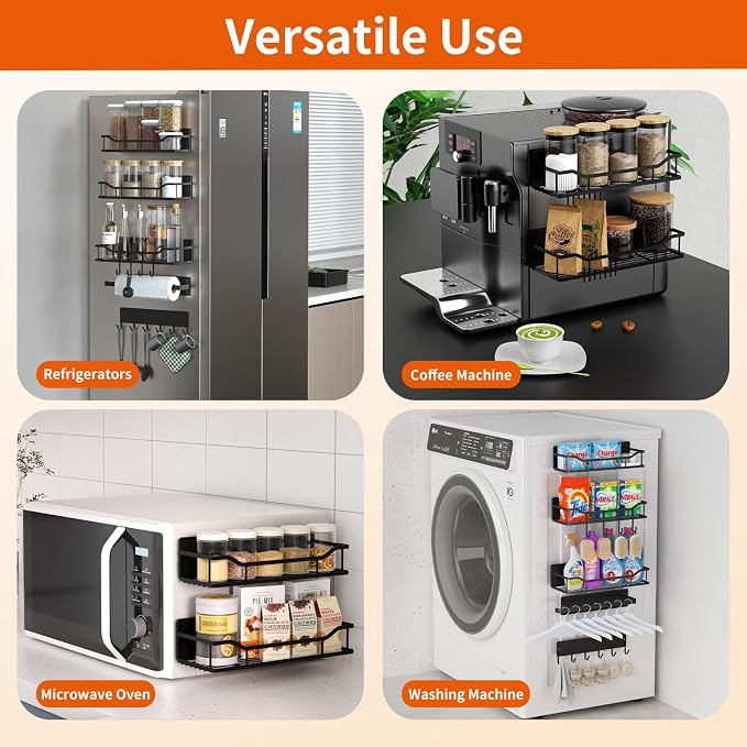 Magnetic Spice Rack,Multifunctional Magnetic Shelf for Washing Machine,Refrigerator,Microwave,and Any Metal Surface,Powerful Magnetic Shelves Include Magnetic Paper Towel Holder (5 pcs - Black) - Image 2
