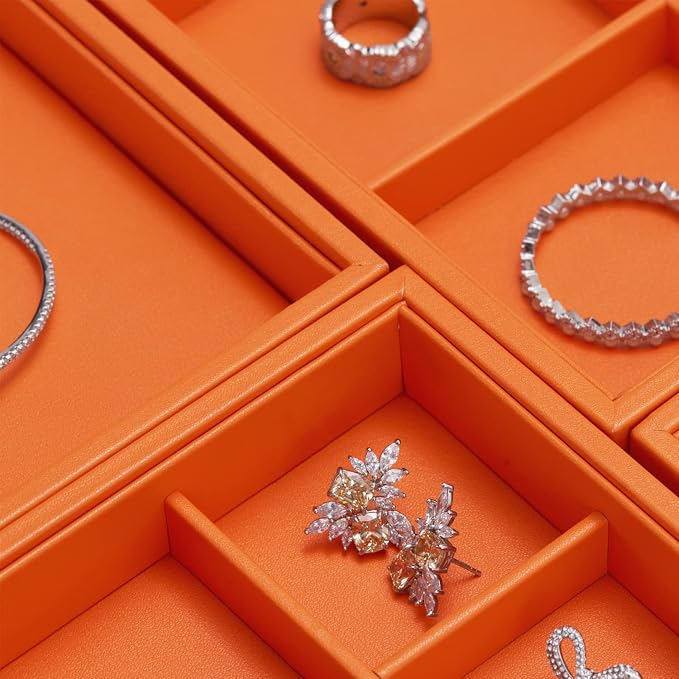 Oirlv Luxury Orange Leather Jewelry Tray Stackable Flat Jewelry Drawer Organizer Earrings Rings Bracelets Storage - Image 6