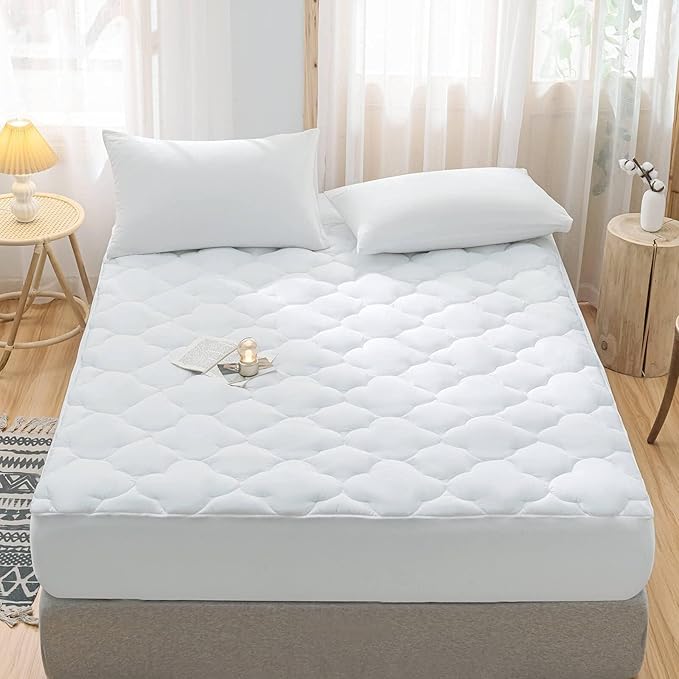 WhatsBedding Waterproof Mattress Pad Cal-King Cotton Top Down Alternative Filling Pillowtop Mattress Topper Cover-Fitted Quilted (Waterproof Cal-King Size Mattress Pad)