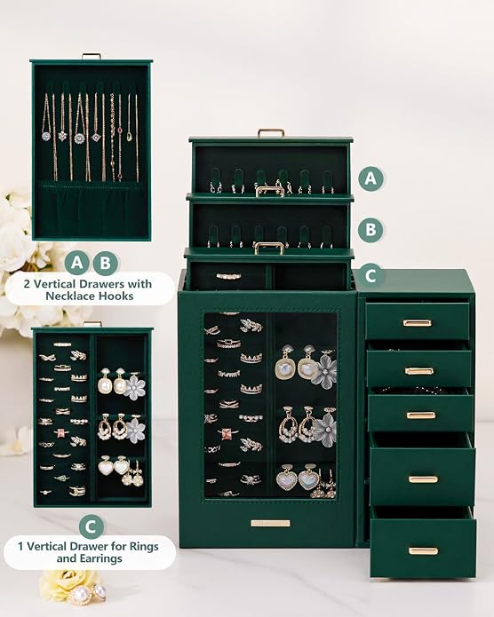 Homde Large Jewelry Box/Organizer/Case with Glass Window, Drawers for Necklaces Earrings Rings Bracelets Watches Gift for Women Girls - Image 3