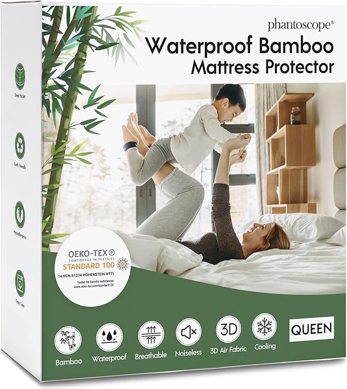 Phantoscope 100% Waterproof Mattress Protector, Queen, Mattress Cover 3D Air Soft Fabric, Mattress Pad Cover with 18'' Deep Pocket, Noiseless Washable, Queen Size