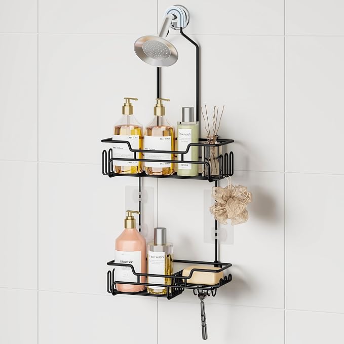 SWTYMIKI Bathroom Shower Caddy Hanging - Extended Length 2 Tier Rustproof Over Shower Head Organizer, No Drilling Bathroom Shelf with 14 Hooks & Soap Holder, Anti-Swing Rack, Black, Medium by SwtyMiki-TidyHomeSweetLife