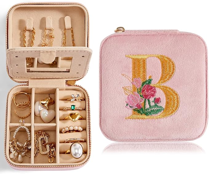 Smileshe Personalized Gifts for Mom Mothers Day, Birthday, Graduation Gift for Girls Fashion, Travel for Teen Girls Trendy Stuff, Velvet Jewelry Box with Flower, Letter B, Pink - Image 2