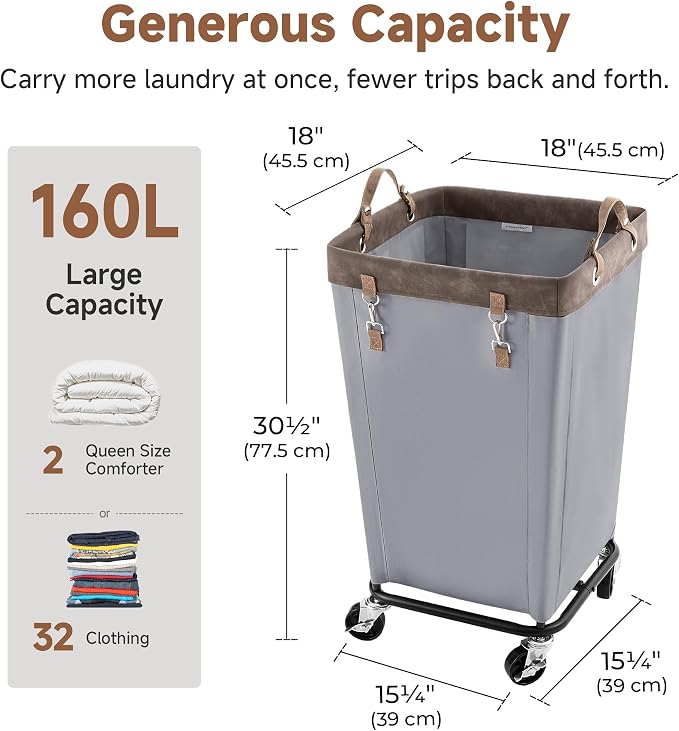 StorageWorks 160L Laundry Basket with Wheels, Large Rolling Hampers for Clothing Organizer, Dirty Clothes Basket for Hotel, Home, Closet, Dorm, Light Grey - Image 3