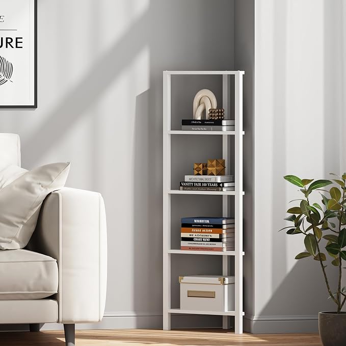 TUTOTAK Corner Shelf, 5-Tier Corner Bookshelf for Small Space, Narrow Display Corner Shelf Stand with Storage Rack, for Living Room, Bedroom, White BS05BW005 - Image 4