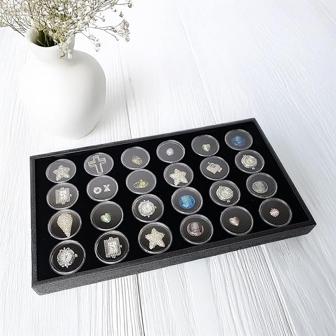 Ikee Design 24 Gem Showcase Stackable Jewelry Display Tray for Collectibles, Rock Storage Box Gemstones Bead Storage Jars, Black Foam, Black Tray, 14 7/8W x 8 3/8D x 1H in - Image 6
