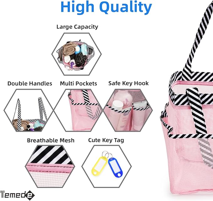 Temede Mesh Shower Caddy Tote, Large Shower Caddy Basket Portable, Quick Dry Hanging Toiletry Bag, 8 Storage Pocket Bath Organizer for College Dorm Room, Gym, Bathroom, Camp, Travel (Pink+Stripes) - Image 3