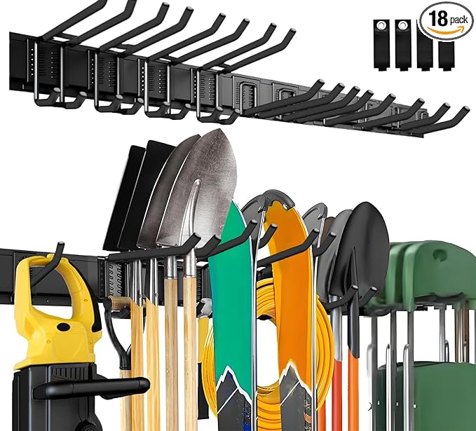 64'' Garage Tool Organizer Wall Mount, 18 PCS Adjustable Garden Tool Hanger Rack, Garage Hooks Heavy Duty, Shovel Holder Wall Mount, Storage Hooks for Hanging in Garage by Unknown