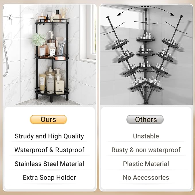 ELYKEN Corner Shower Caddy Standing, 3 Tier Rustproof Metal Shower Organizer with Soap Holder, Floor Shower Corner Shelf Rack Storage Stands with Adjustable Feet & 2 Hooks for Bathroom, Black - Image 7