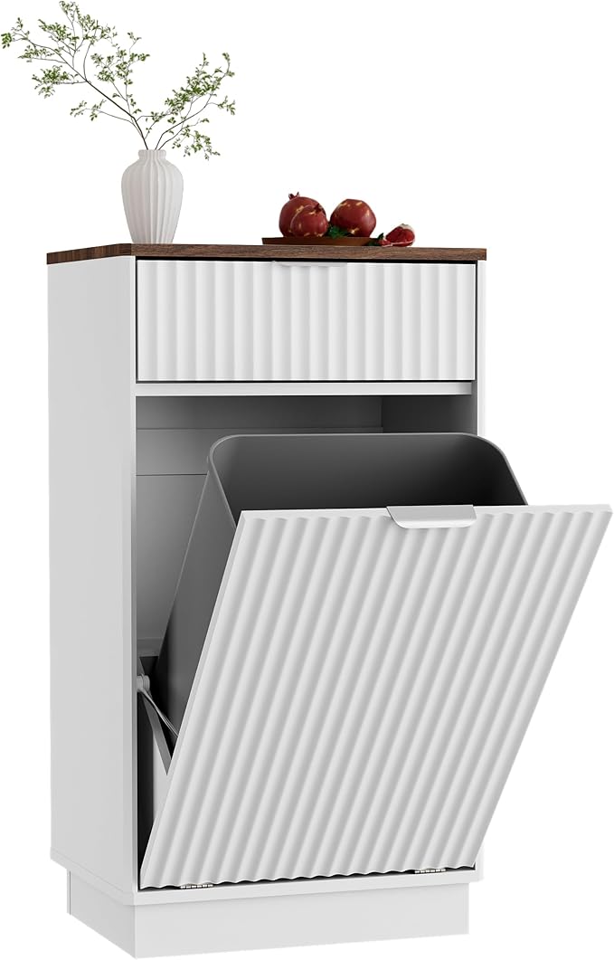 Tilt-Out Trash Cabinet, White Laundry Hamper Cabinet with Black Top, 34.3 x 19 x 13.8 inches, 10 Gallon Capacity, Wave-Textured Front, Storage Drawer. by Unknown