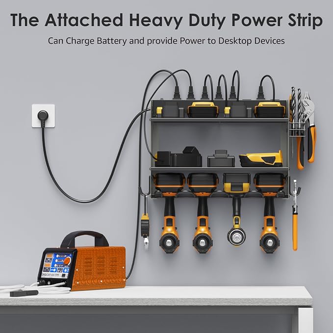CCCEI Modular Power Tool Organizer Wall Mount with Charging Station. Garage Drill Storage Shelf with Hooks, Heavy Duty Rack, Tool Battery Holder Built in 8 Outlet. Gift for Men. Grey, 1 Pack. - Image 7