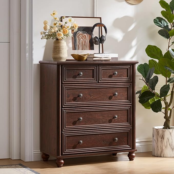RWYHG Farmhouse 5 Drawer Dresser Set of 2 for Bedroom, 35.5" Walnut Tall Small Dressers & Chest of Drawers, Rustic Wood Dresser with Roman Column, Storage Organizer for Living Room, Hallway, Closet