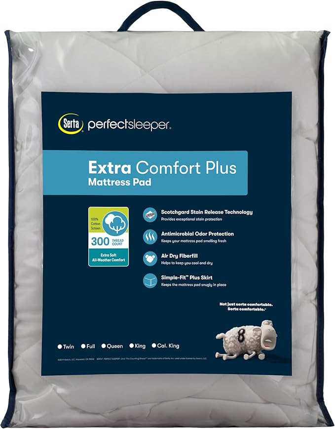Serta Air Dry Extra Comfort Plus 100% Cotton Fabric Quilted Mattress Pad, Cooling and Breathable Mattress Cover, Moisture Wicking Protection with 18" Deep Pocket, King, White