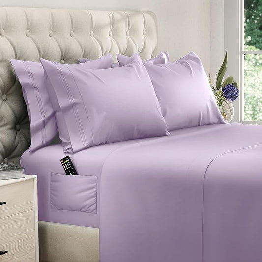 DREAMCARE King Size Sheets Set - 6 pcs Breathable Cooling Bed Sheets - up to 15" Deep Pocket King Sheet Set with Side Pockets - Extra Soft 100% Brushed Hypoallergenic Hotel Luxury Bedding - Lavender