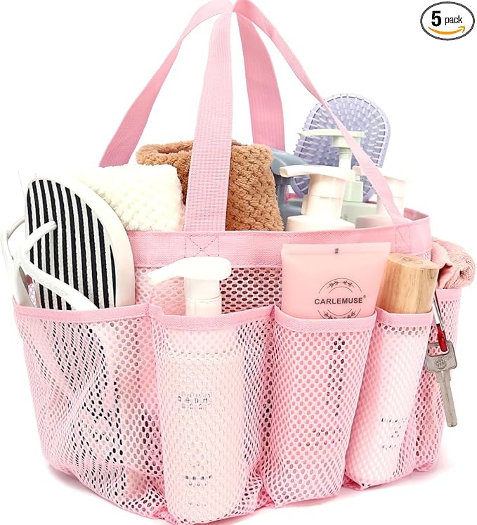 GYEUKHAM Large Mesh Shower Caddy Portable with 8-Pocket for College Dorm Room Essentials,Quick-Dry Handing Shower Basket Tote Bag for Toiletry, Bathroom,Beach,Camp,Gym,Pink by GYEUKHAM