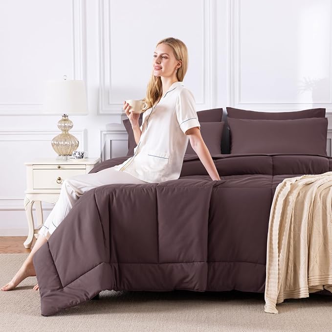 CozyLux Full Size Comforter Set Cocoa Powder, 7 Pieces Bed in a Bag, Brown Comforter Full Size, All Season Bedding Sets with Stitch Quilted Comforter, Flat Sheet, Fitted Sheet, Pillowcases