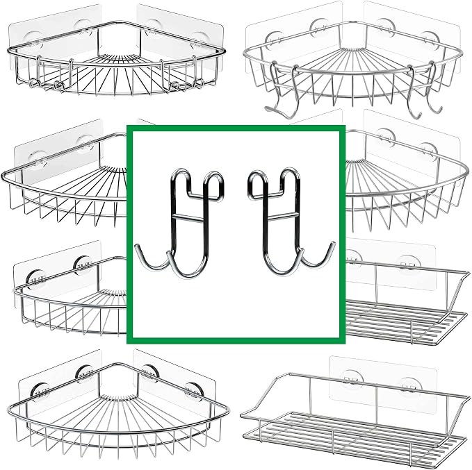 Shower Caddy With Hooks - Razor Holder and Loofah Hanger 2 Pack Silver - Image 7