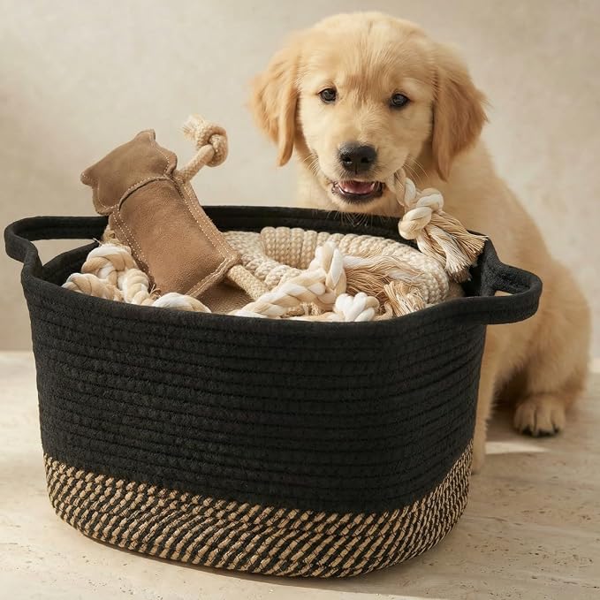 Stylish Cotton Rope Storage Basket For Dog Toys, Magazines or Books - The Perfect Woven Bin with Handles For Everyday Organization Reduces Clutter in Your Rooms - A Decorative Gift & Storage Box by ZICOTO