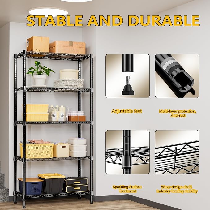 M MZG 1250 lbs 5 Tier Shelf Metal Storage Shelves Shelving Wire Rack Heavy Duty Closet Organizers for Garage Kitchen Bathroom Laundry Black 15.7" D x 33.5" W x 68.5" H - Image 6