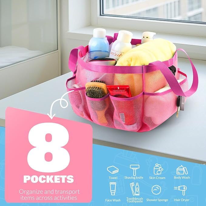 LOYEE Mesh Shower Caddy Portable for College Dorm Room Essentials with 8 Pockets, Shower Bag for Beach, Swimming, Gym, Travel, Bathroom(All rose pink) - Image 3