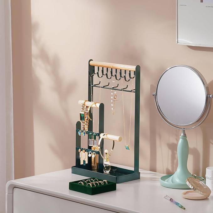 ProCase Jewelry Stand Holder Organizer, 5-Tier Necklace Holder with Ring Tray, 15 Hooks Necklaces Hanging Small Jewelry Display Storage Tower Tree for Bracelets Earrings Watches -Large, Green - Image 2