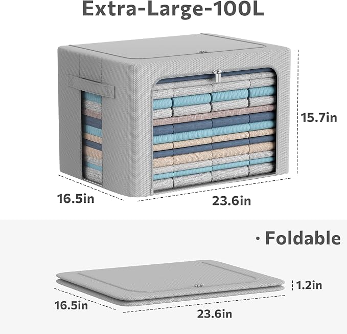 CYhom 3Pack Frame Storage Box - Clothes Storage Bin Bags Oxford Fabric Foldable Stackable Container Organizer Set with Clear Window & Carry Handles (Grey, Extra Large-100L) - Image 4
