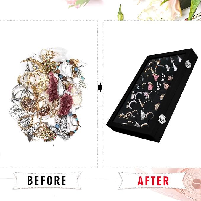Siveit Velvet Jewelry Tray 48 Grid Jewelry Display Tray Organizer Box with Transparent Lid Rings Earrings Necklaces Pendants Display Box Suitable for Women and Girls (Black) - Image 5