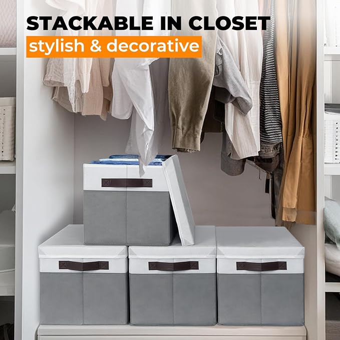 Large Closet Storage Baskets Bins with Lids 4 Pack, Storage Baskets for Organizing Shelves Nursery Bedroom, Home Dorm Closet Organizers Cubes for Clothes Toys Blanket Book - Stackable -14x10x9.5 - Image 3