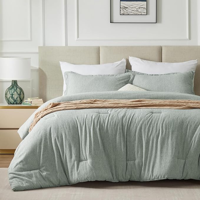 CozyLux Queen Size Comforter Set - 3 Pieces Sage Green Soft Luxury Cationic Dyeing Bedding Comforter for All Season, Breathable Lightweight Fluffy Boho Bed Sets with 1 Comforter and 2 Pillow Shams