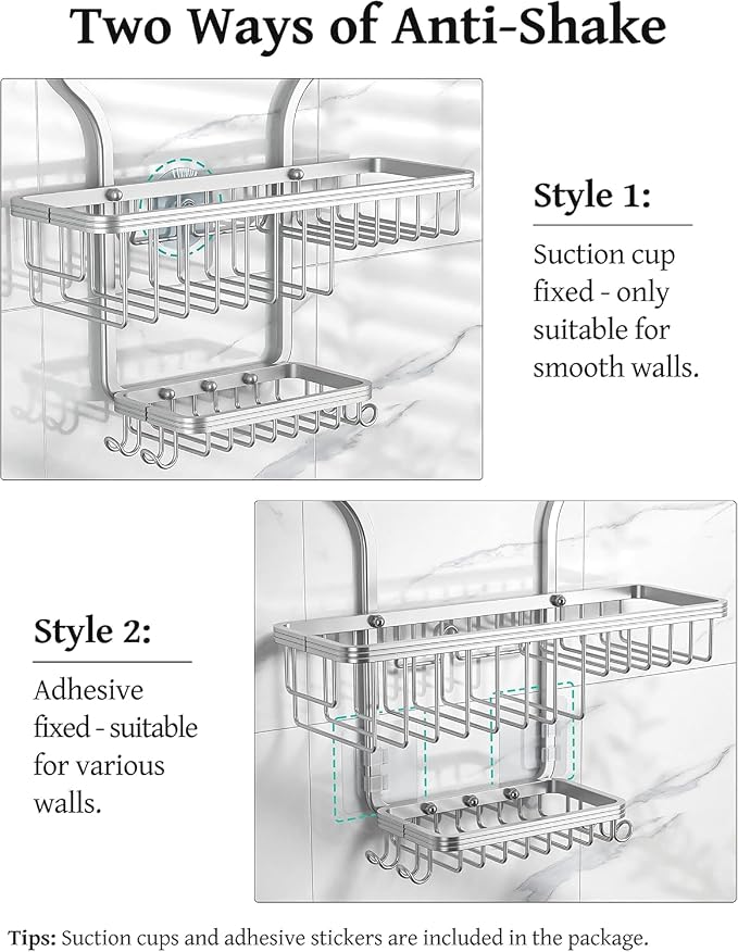 YASONIC Never-Rust Aluminum Hanging Shower Caddy – Over-the-Showerhead Organizer with 10 Hooks for Razor and Sponge – Includes Soap Basket – Silver - Image 5