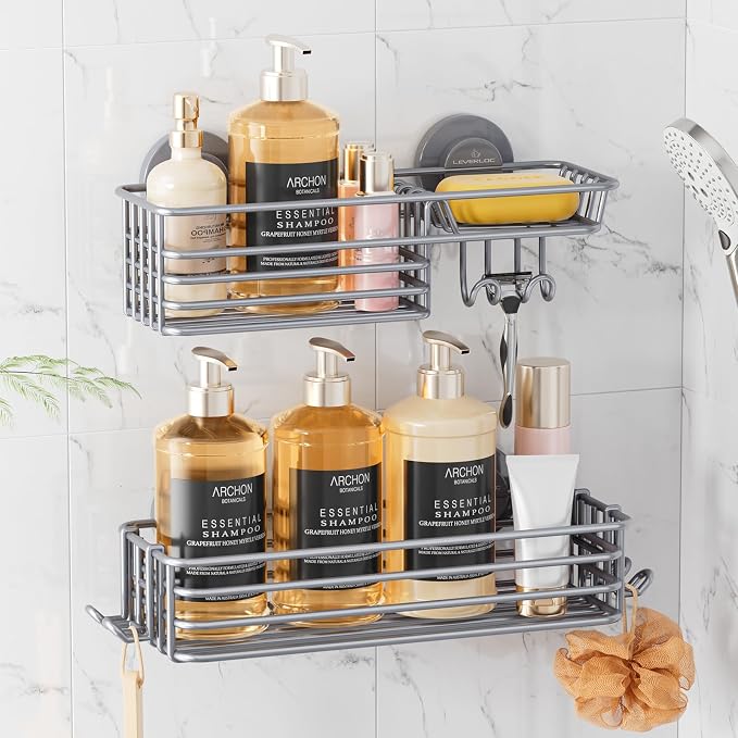 LEVERLOC Shower Caddy Suction Cup, 2 Pack Shelves for Inside with Hooks and Soap Organizer, NO-Drilling Bathroom Shelves, Rustproof Meatl Bathroom Holder, Grey by LEVERLOC