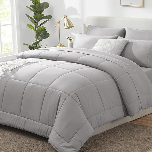 CozyLux King Size Comforter Set French Grey, 7 Pieces Bed in a Bag, Gray Comforter King Size, All Season Bedding Sets with Stitch Quilted Comforter, Flat Sheet, Fitted Sheet, Pillowcases