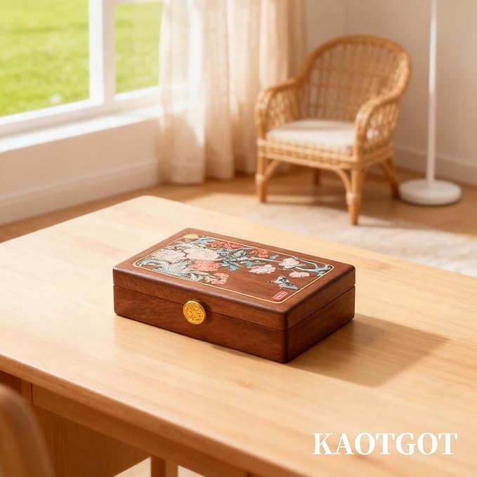 Travel Jewelry Case Small Wood Jewelry Organizer Jewelry Box for Women (Nut-Brown Print E) - Image 4