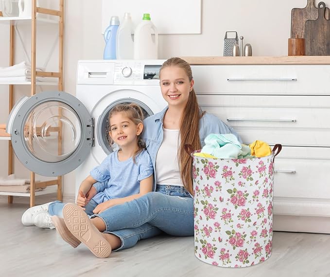 HIYAGON Roses Pink Laundry Basket Baby Girls Laundry Hamper Kids Toy Storage Bins Organizer Gift Basket Pink Rose Bedroom Decor Bathroom(Pink Rose) - Image 5