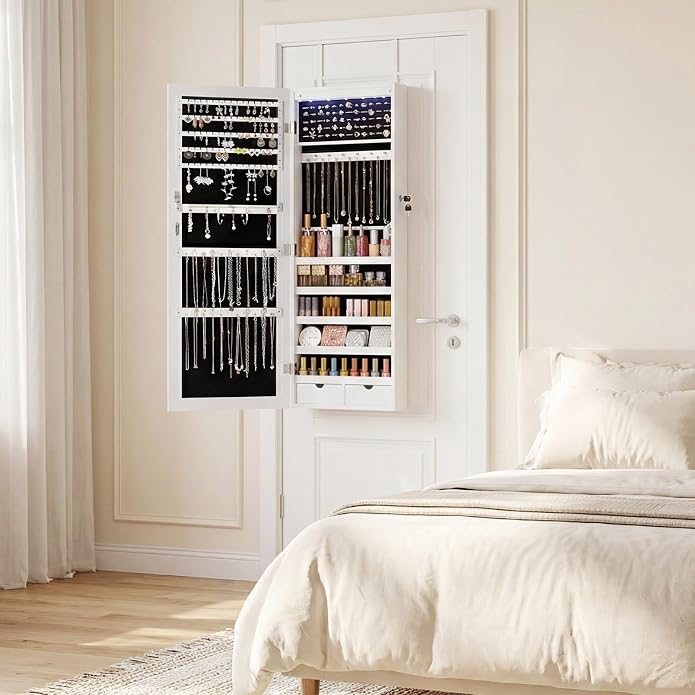 DUMOS 6 LEDs Mirror Jewelry Cabinet, Wall or Door Mounted Jewelry Organizer, 47.2-Inch Tall Lockable Large Capacity Cosmetic Storage, Gift Idea - Image 7