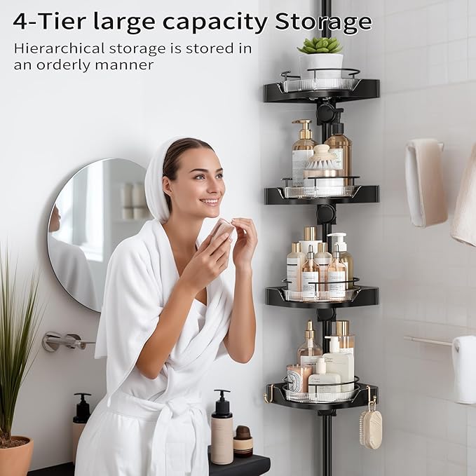 360° Rotating Shower Caddy Tension Pole, 4 Tiers Corner Shower Organizer for Bathroom Shelf Bathtub, Adjustable Standing Shower Rack Bathroom Accessories, Easily Assemble, 34-124 Inch Height, Black - Image 4