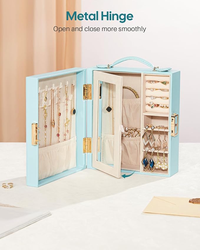 Enthralite Large Travel Jewelry Case: Portable Necklace Box with Mirror - PU Leather & Velvet Lined Jewelry Organizer for Ring Earring Bangle Bracelets Watch - Birthday Gift for Her - Image 3