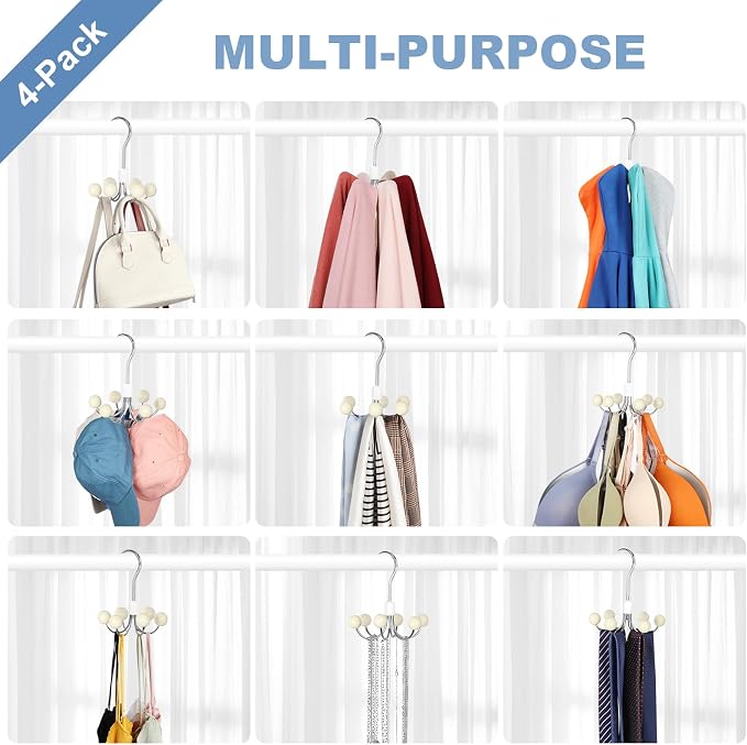 TOPIA HANGER Hoodie Hangers 4-Pack with 6 Wood Balls, 360°Swivel Purse Hanger, Scarf Hanger, Closet Hooks, Handbag Organizer, Bra Hanger, Accessory Organizers for Scarf, Tanktop, Hat, Hoodie CT57W - Image 4