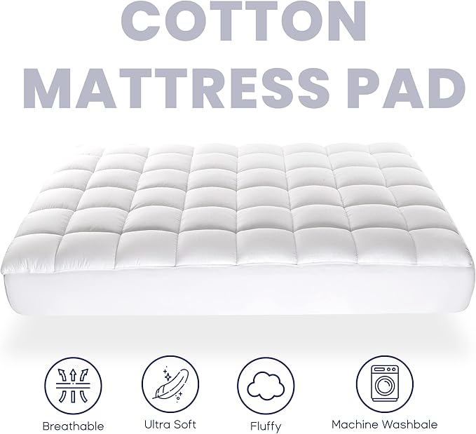 SLEEP ZONE King Size Cotton Mattress Pad, Soft Fluffy Cotton Top Mattress Topper, Machine Washable Mattress Protector Cover Fits 8-21 inch Deep Pocket, King
