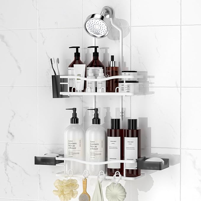 REINHARDT Shower Caddy Hanging, Rustproof Shower Caddy Anti-Swing Shower Organizer No Drilling Showers Racks with Soap Holder Multi Hooks Bathroom Storage for Shampoo Sponge, White by REINHARDT
